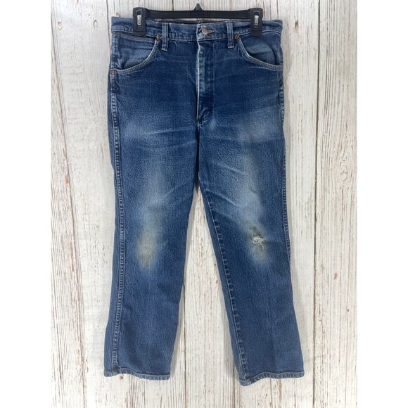 Wrangler Other - Vintage Wrangler Men Jeans Size 33 Dark Blue Denim Mid Rise Cowboy Bootcut STAIN